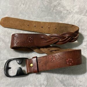 Abercrombie Tan Leather Floral Belt - 38 inches Size Medium Partially Braided